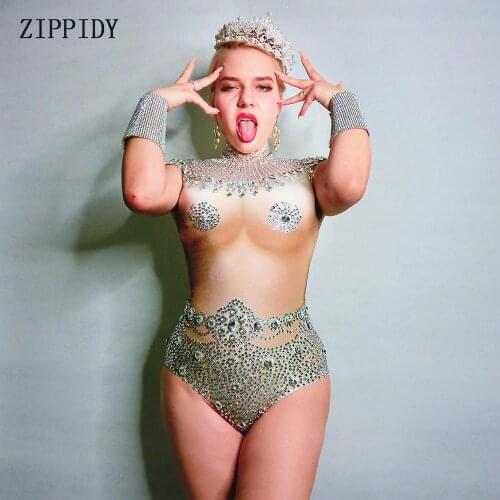 Sparkly Stretch Nude Crystals Leotard Sexy Stage Dance Costume Female Singer Bling Tassels Leotard Performance Dance Wear