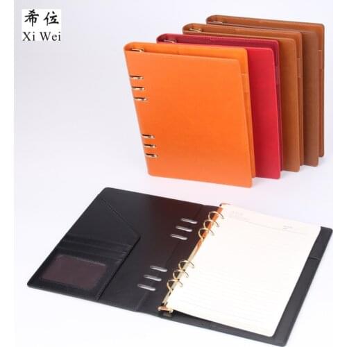 Pu Leather Loose Leaf Notebook Hardcover Journal Handmade Woodfree Yellow Paper Clip Notepad Custom Logo