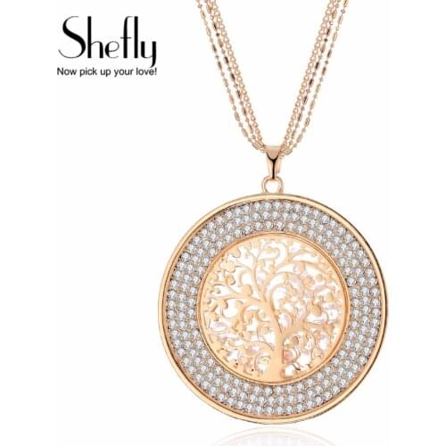 Big Tree Of Life Statement Necklace Women Accessories Gold Round Luxury Crystal Long Necklace Female Elegant Collier Gift 2019