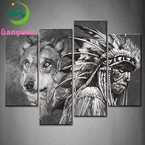 Black and white wolf and Indian Diamond Painting Full Square Drill Diamond Embroidery Cross Stitch Kit Mosaic 4 pcs Wall Decor