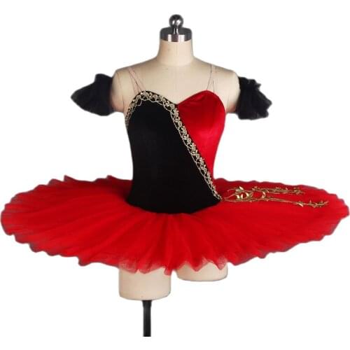 YAGP Black and Red Velvet Bodice with 7 Layers Pancake Tutu Girls and Women Professional Ballet Dance Tutu Solo Dress BLL402