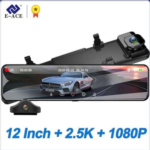 E-ACE 12 Inch Car DVR Mirror Video Recorder 2.5K Stream Media Dashcam RearView Mirror support Night Vision Parking Monitor