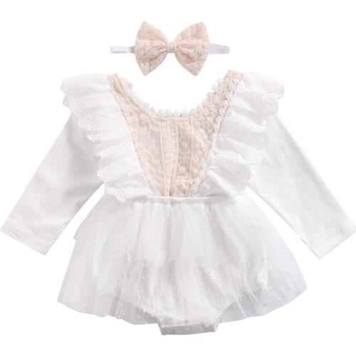 FOCUSNORM 0-18M Infant Baby Girls Princess Romper Dress 2Pcs Ruffle Long Sleeve Floral Lace Tutu Jumpsuits Headband Set