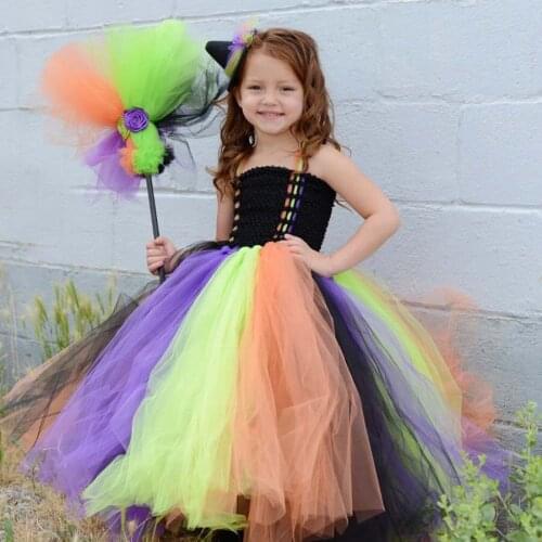 Girls Halloween Witch Costume Handmade Kids Tutu Dress for Halloween Cosplay Children Summer Autumn Dress TS090