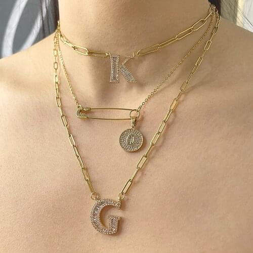 Trendy Stainless Steel Gold-Plated Letter Pendant Necklace Customized CZ Stone Letter Necklace Linked Chain Simple 1 Layer Choke