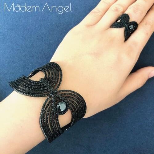 ModemAngel Luxury Delicate Line AAA Cubic Zirconia Luxury Super Copper Women Party Engagement Width Bracelet Bangle And Ring Set