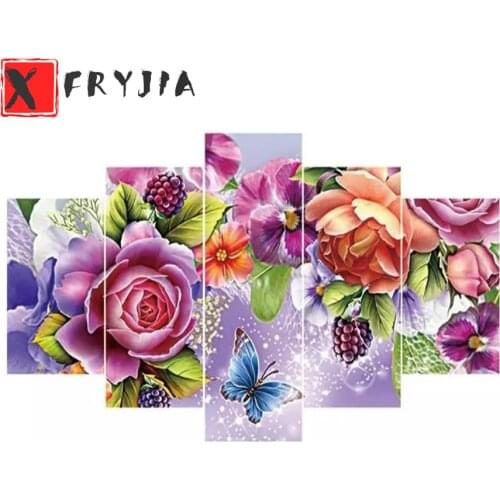 5pcs 5D DIY Full round square Drill Diamond Painting Butterfly Flowers Cross Stitch mosaic Embroidery Kit Wall Art Home Decor