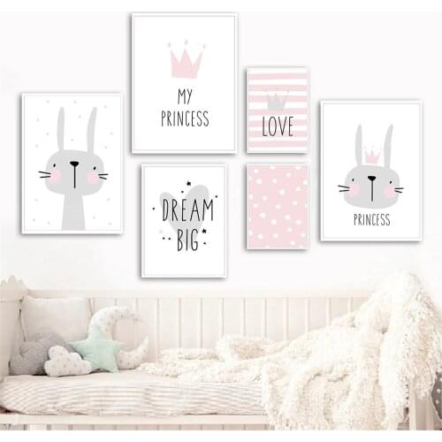 Pink Crown Love Quotes Wall Art Poster Cartoon Rabbit Canvas Painting Nursery Art Print Nordic Wall Pictures For Baby Room Decor