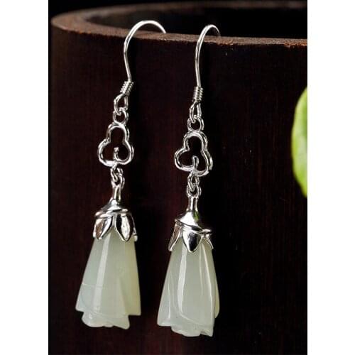 Natural 925 sterling silver inlaid hetian white jade orchid earrings jewelry simple individuality for women earings