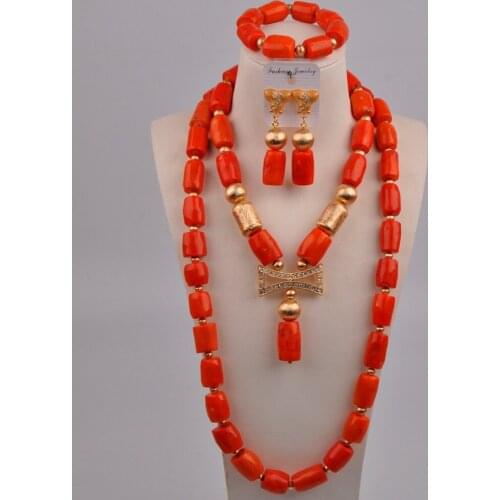 Nigerian Orange Coral Beads Jewelry Set Women African Wedding Bridal Jewelry Sets 2-4-E2