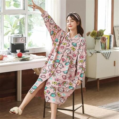 Oversize nightdress Korean buttoned nightgown long-sleeve cotton fat MM pregnant woman pijamas home printing loose home service