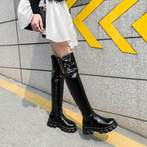 NEWDISCVRY 2021 Large Size Winter Keep Warm Over The Knee Boots Fashion Patent Leather Buckle Black Color Women Boots Ladies