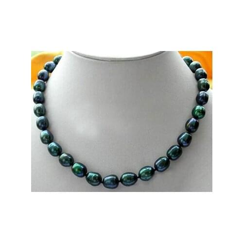 New 9-10mm New Tahitian Black Rice Natural Pearl Necklace 17Inch AAA