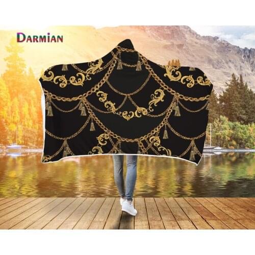 DARMIAN 2021 Luxury Hooded Blanket Gold Chain Design Printed Women Men Fluffy Warm Autumn Wearable Fleece Throw Blankets mantas