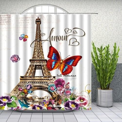 Tower Floral Themed Shower Curtains Famous Building Paris Romantic Bathroom Decor Waterproof Polyester Cloth Curtain Set Cheap