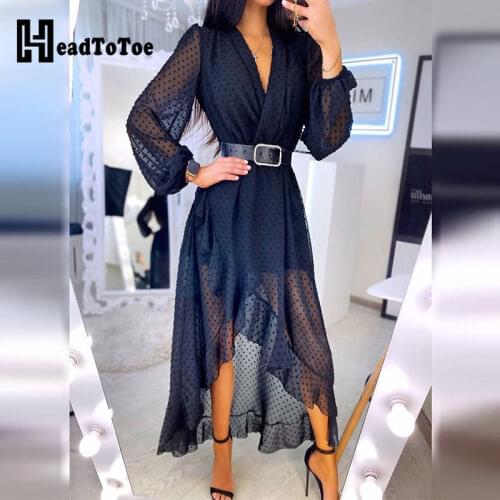 Lantern Sleeve Swiss Dot Mesh Ruffles Wrap Dress