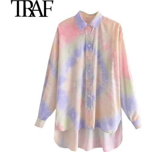 TRAF Women Fashion Tie-Dye Print Loose Asymmetry Blouses Vintage Long Sleeve Button-up Female Shirts Chic Tops
