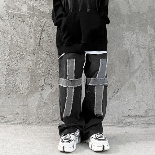 Eukaaru Streetwear Men Baggy Jeans Cross Pasted Elastic Waist Denim Jeans Men Casual Mens Clothing Loose Wide Leg Pants Trouser