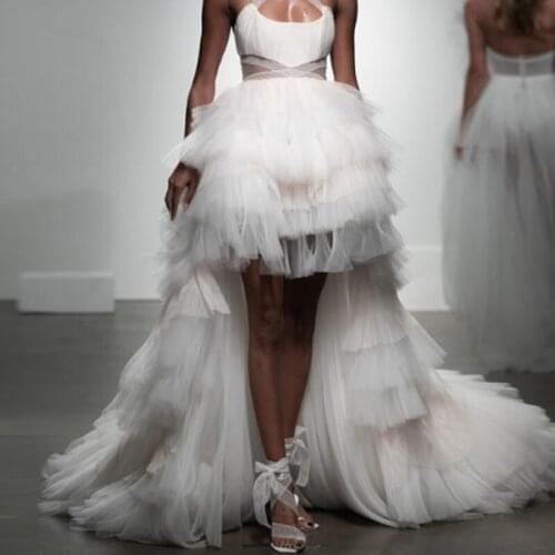 White Ruffled Hi Low Tutu Skirt Asymmetrical Bridal Wedding Formal Tulle Skirts Long Prom Party Skirt With Train Tiered Saias