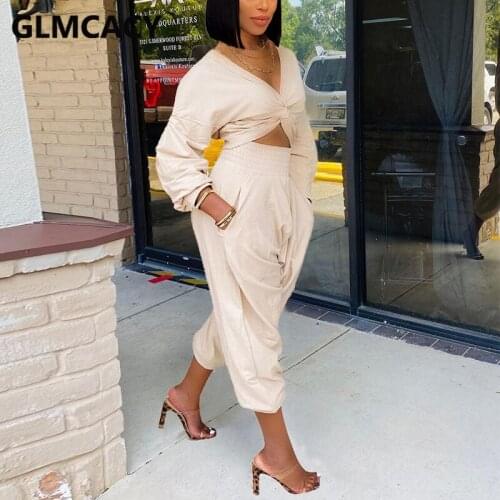 Women Two Piece Casual Fall Suits Long Sleeve V Neck Crop Top & Casual Baggy Pants Set
