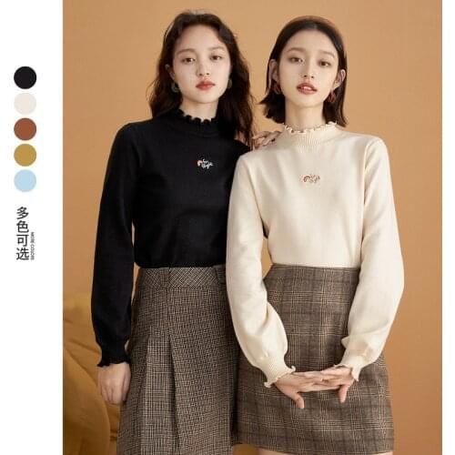 INMAN Womens Pullover Autumn Winter Sweater Wood Ear Collar Fun Rainbow Embroidery Minimalist Slim knitted Top