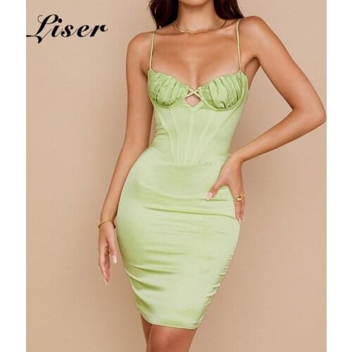 Liser 2021 New Summer Women Dress Strapless Pistachio Satin Midi Dress Sexy Bodycon Elegant Club Celebrity Party Dresses Vestido