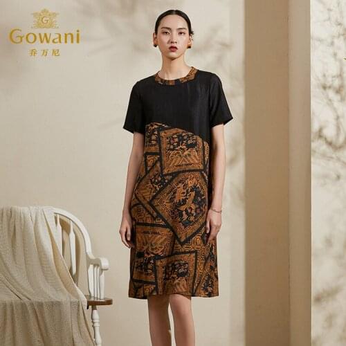 Gowani Women Casual Silk Dress Vintage Chinese Style Printed Short Sleeve Ladies Midi A-line Dresses