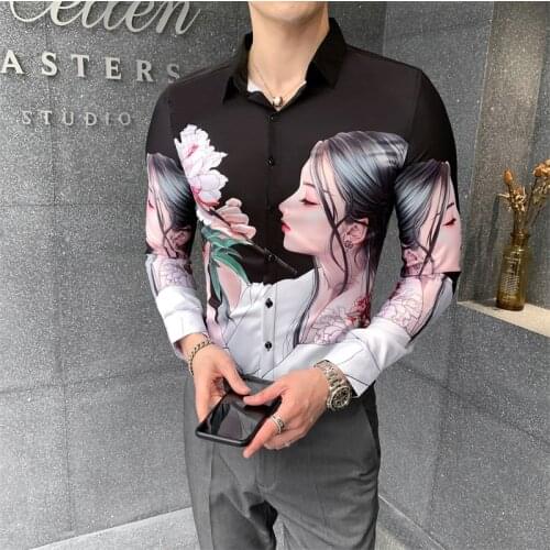 2021 New style Male High quality printing Casual long-sleeved shirts/Mens slim fit lapel Hip-hop style Business shirts Tops 3XL