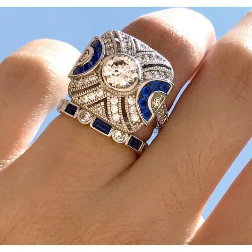 Buyee 925 Sterling Silver Couples Ring Sets Blue Stone Square Stripe Fashion Luxury Ring for Women Wedding Engagement Jewerly