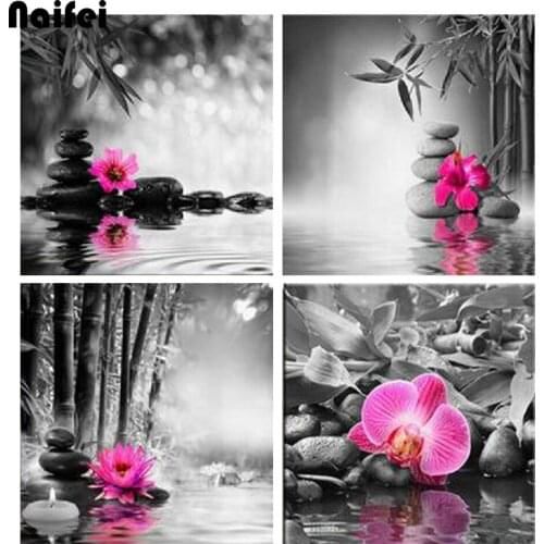 Black white art 5d diy diamond painting cross stitch full square rhinestones orchid flower diamond embroidery round drill decor
