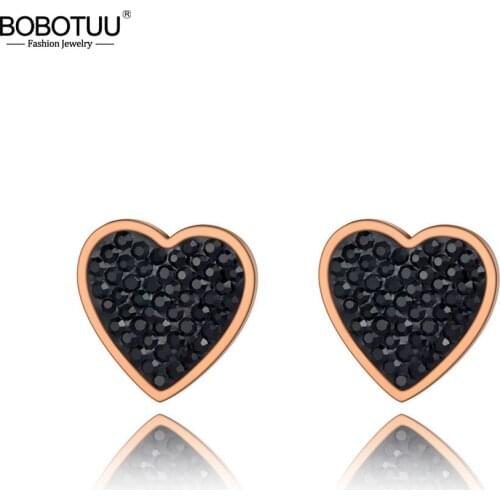 BOBOTUU Trendy Stainless Steel Black/White Rhinestone Bohemia Earrings Jewelry CZ Crystal Heart Earrings For Women Girl BE20036