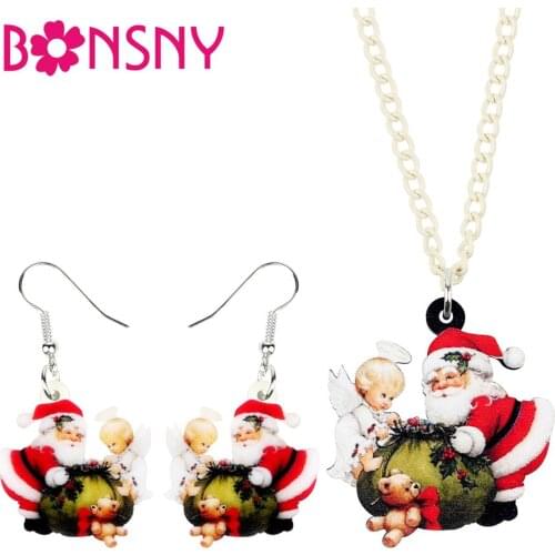Bonsny Acrylic Christmas Santa Claus Angel Bear Jewelry Set Necklace Earrings For Women Girl Charm Festival Decoration Gift 2019
