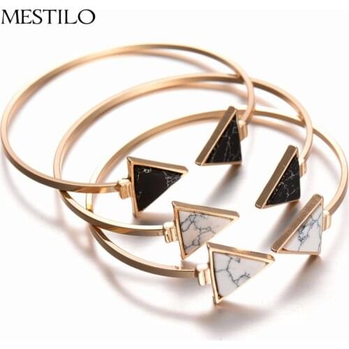 MESTILO Fashion Gold Plate Black White Geometric Triangle Open Cuff Punk Bracelet Bangle Faux Marble Stone pulseras from India