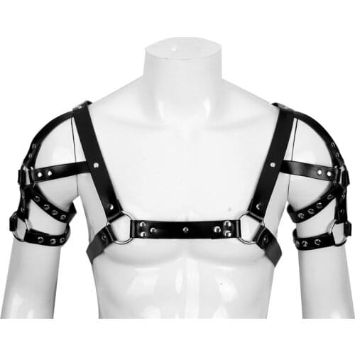 Men Lingerie Faux Leather Adjustable Body Chest Shoulder Harness Bondage Costume with Press Buttons