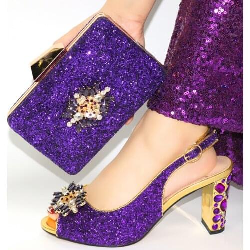 Doershow fashion Shoes and Bag Set African Sets 2020 purple Color Italian Shoe Bag Set Decorated with Rhinestone!!SIM1-2