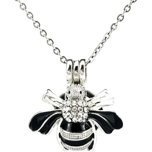 K1054 Silver Enamel Bee Insect Beauty Rhinestone Beads Pearl Cage Pendant Chain Aroma Essential Oil Diffuser Locket Necklace