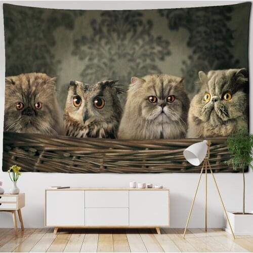 Cat And Owl Tapestry Wall Hanging Bohemian Cute Pet Simple Confused Eyes Hippie Table Mat Bedroom Home Decor