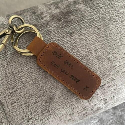 Leather Keyring Gift Personalized Handwriting Leather Key Chain Loop Anniversary Birthday Gift for Him or Her