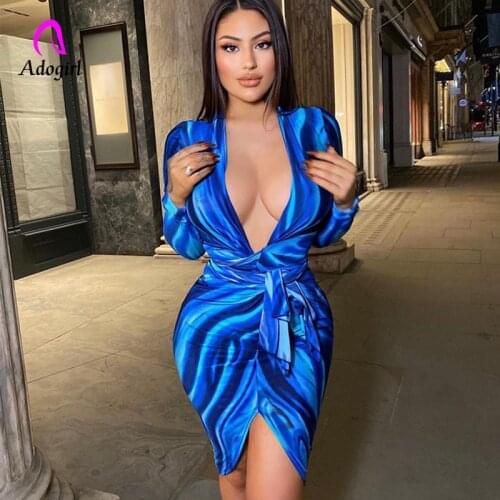 Tie Dye Women Mini Dress Bow Tie 2021 Autumn Long Sleeve Workout Activewear Sexy Deep V Neck Night Club Party Bodycon Vestidos