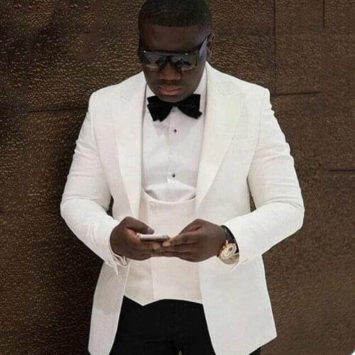 White Men Suits Slim Fit with Wide Peaked Lapel Groom Wear Wedding Tuxedos 3 Piece Male Jacket Waistcoat Black Pants 2021