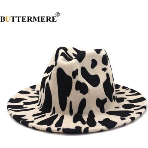 BUTTERMERE Cow Grain Fedora Hat Women Panama Wool Felt Fedora Hats Autumn Winter Brand Ladies Wide Brim Party Trilby Jazz Cap