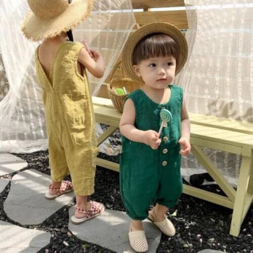 2021 new stylish girls boys overalls cotton linen summer girls jumpsuit