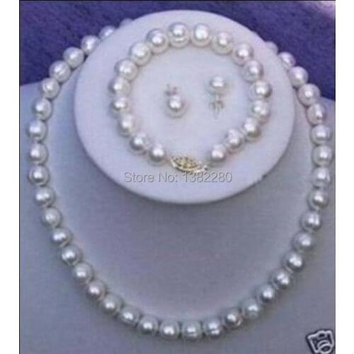 ! Wholesales 2015 fashion pearl Jewelry! 9-10mm White Cultured Pearl Necklace Bracelet Earring Set JT5050