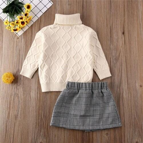 Toddler Baby Girls 2PCS Autumn Winter Warm Clothes Knitted Sweater Long Sleeve Tops+Button Plaid Skirt Outfits Set