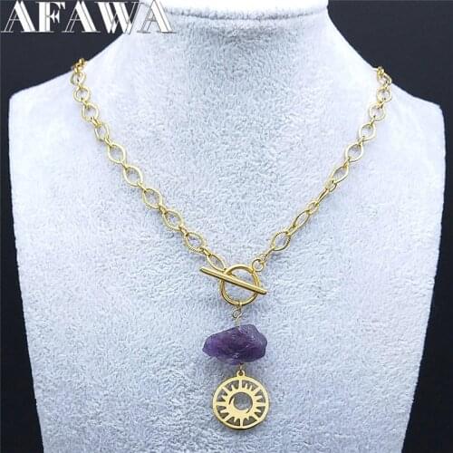 Astrology Sun Moon Stainless Steel Punk Neckless Gold Color Natural Purple Crystal Choker Necklace Jewelry collier N3520S02