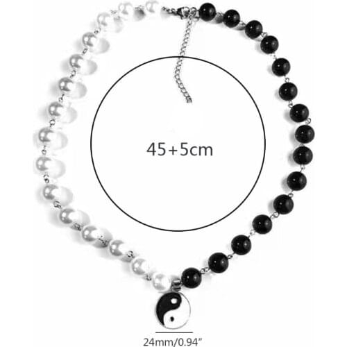N7MF Tai Ji Eight Trigrams Comma Yin Yang Pendant Necklaces Pearl Bead Chinese Philosophy Taoist Symbol Choker Jewelry Unisex