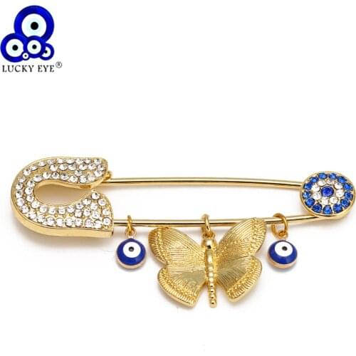 Lucky Eye Buterfly Charm Turkish Evil Eye Tassel Brooch Pin Gold Color Brooch for Women Girls Handmade Fashion Jewelry BE218