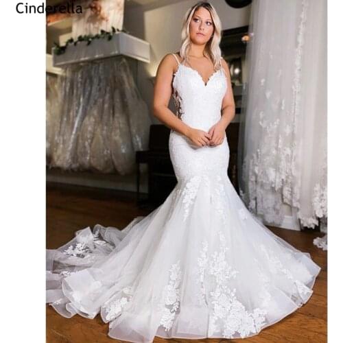 Wedding Dresses V-Neck Spaghetti Mermaid Sweep Train Tulle Lace Applique Wedding Dresses Lace Up Bridal Gowns vestido de noiva