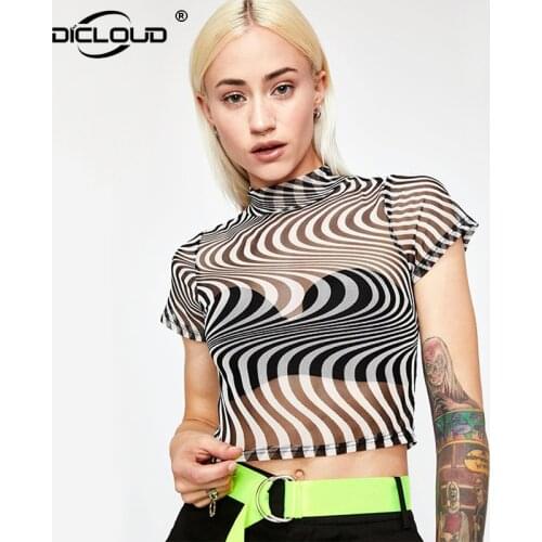 High Street Fashion Women Zebra Mesh Crop Top Harajuku Punk Sexy Club Transparent T Shirt Women Summer Hip Hop Girls Tops Tees