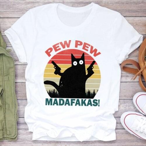 Fierce black cat with gun Funny T-shirt Pew Pew Research Center Madafakas Printed Casual Tshirt Short Sleeve Top Womens T-shirt